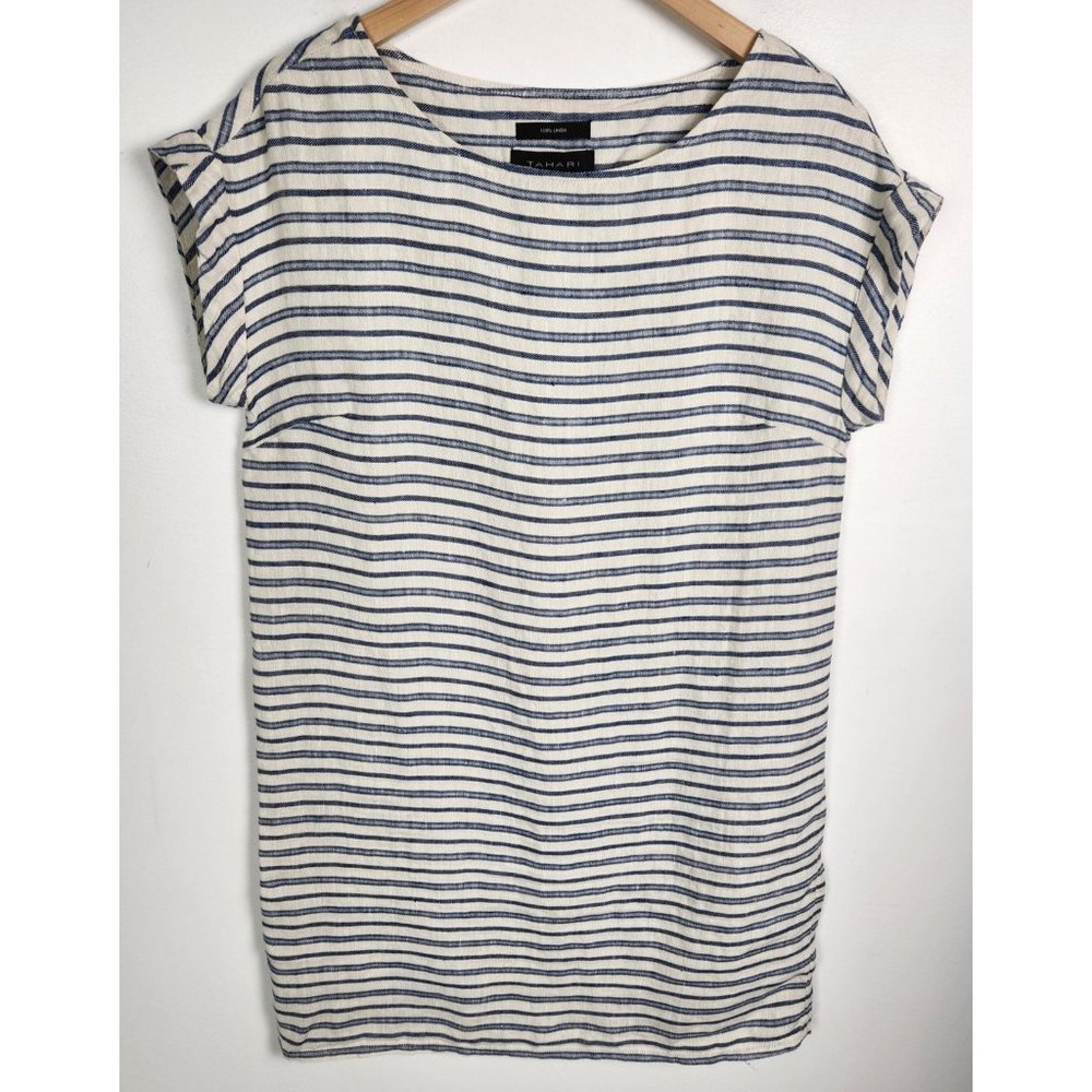 Tahari Women's Sz. S 100% Linen Blue and Ivory Stripe Shift Dress